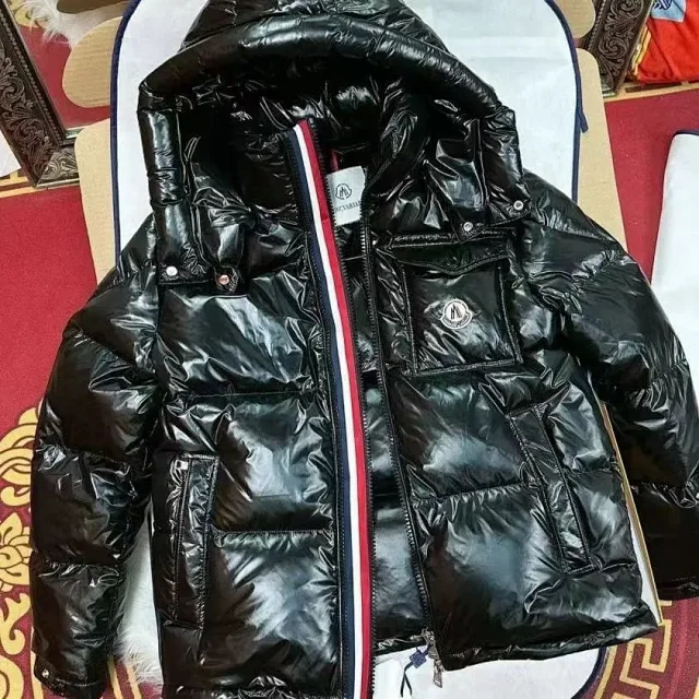 Moncler Down Jackets Shiny hooded puffer jacket with tricolor zip trim product detail image 5