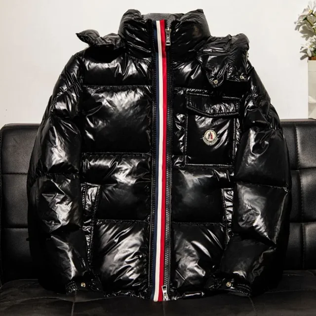 Moncler Down Jackets Shiny hooded puffer jacket with tricolor zip trim product detail image 7