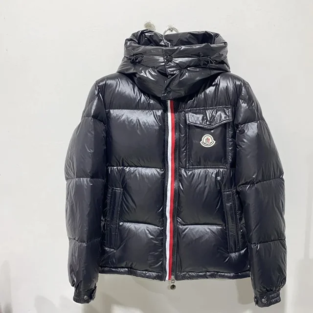 Moncler Down Jackets Shiny hooded puffer jacket with tricolor zip trim product detail image 1