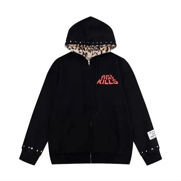 Art That Kills Hoodies & Sweatshirts Zip-Up Hoodie with Leopard-Print Hood Lining and Studded Cuffs product detail image 2