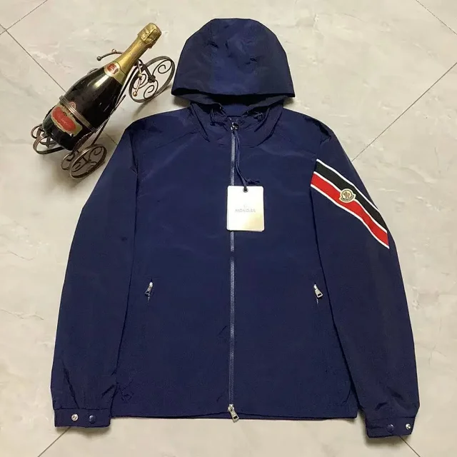 Moncler Jackets Hooded zip-front jacket with tricolor sleeve stripe product detail image 1