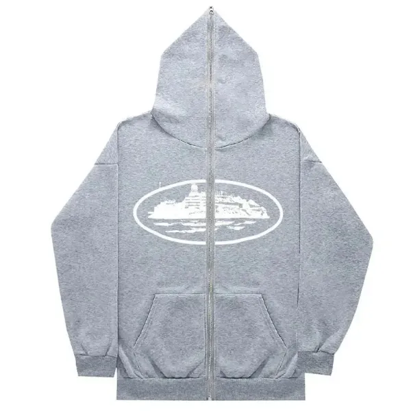 Off-White Cruise Ship Oval Logo Gray Zip-Up Hoodie - 1