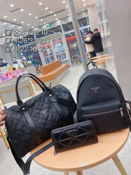 Prada Re-Nylon Quilted Collection Black Duffle Bag, Backpack, and Long Wallet Set - 1
