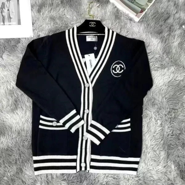 Chanel CC Logo Striped V-Neck Cardigan White - 3