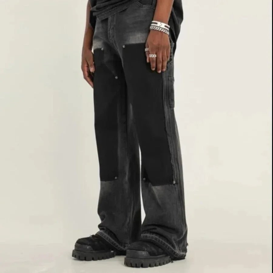 Patchwork Denim Jeans Light Blue Distressed Streetwear