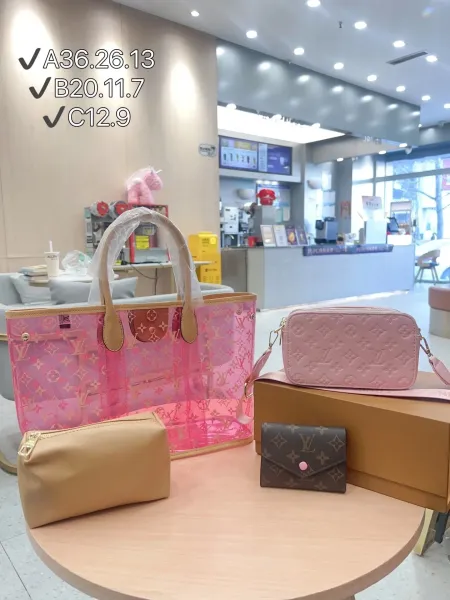 Louis Vuitton Onthego Tote Pink Transparent Monogram + Mini Pochette Accessoires Beige + Soft Trunk Crossbody Pink + Sarah Wallet Brown - 1