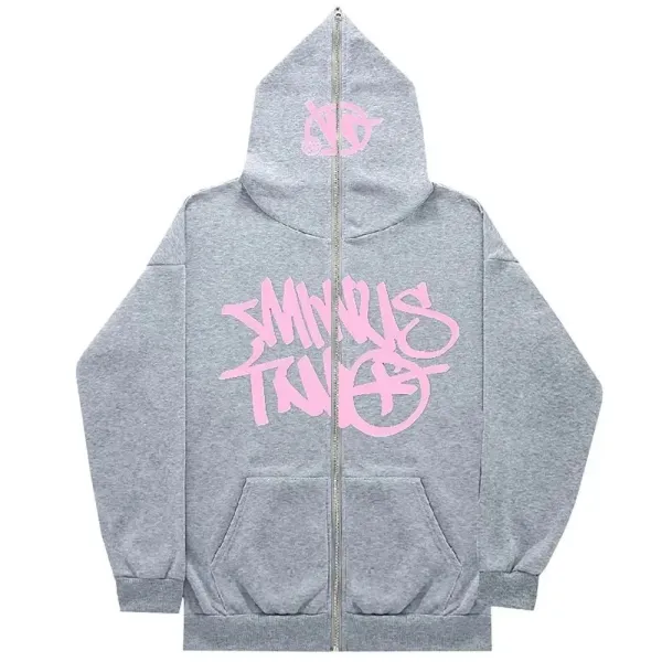 SMINRUS TRUXX Gray Zip-Up Hoodie with Pink Graffiti Logo - 1