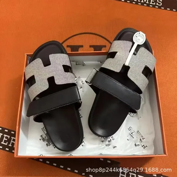Hermès Oran Sandals Black and Gray Canvas Slippers - 1