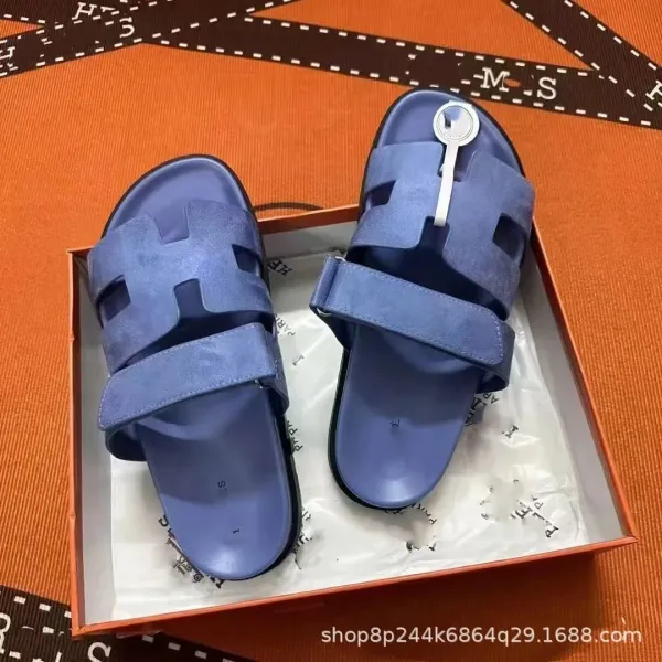 Hermès Oran Slide Sandals Blue Suede Slippers - 1