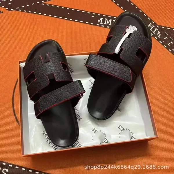 Hermès Oran Slide Sandals Black with Burgundy Stitching Slippers - 1