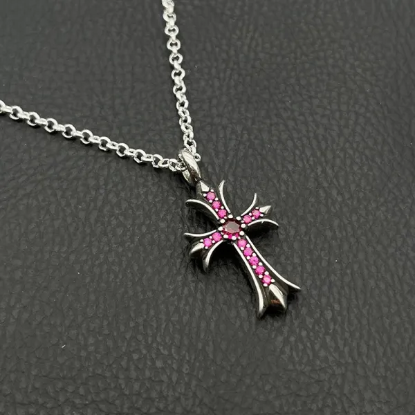 Chrome Hearts Cross Pendant Necklace with Pink Cubic Zirconia - 1