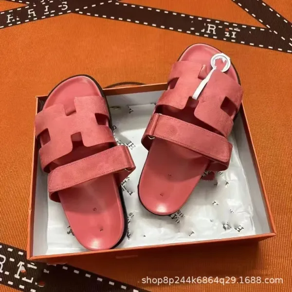 Hermès Oran Slide Sandals Army Green and Pink Suede Slippers - 4