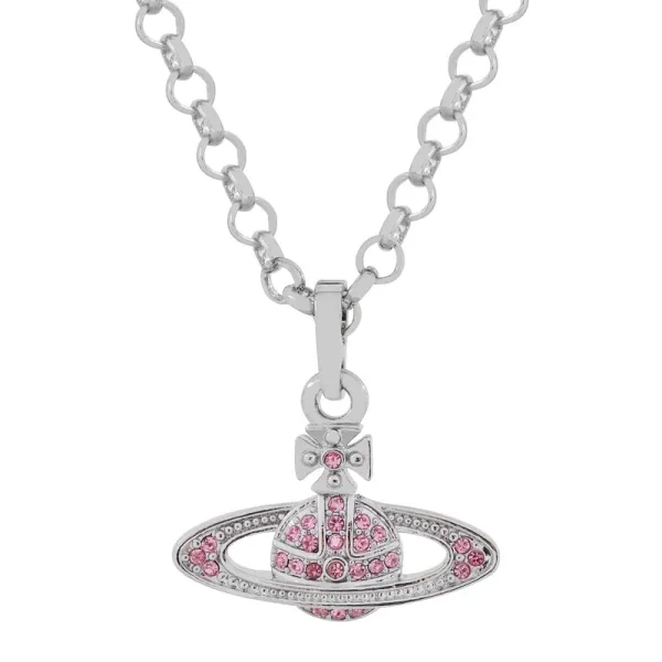 Vivienne Westwood Orb Pendant Necklace Pink Crystal Silver Jewelry - 1