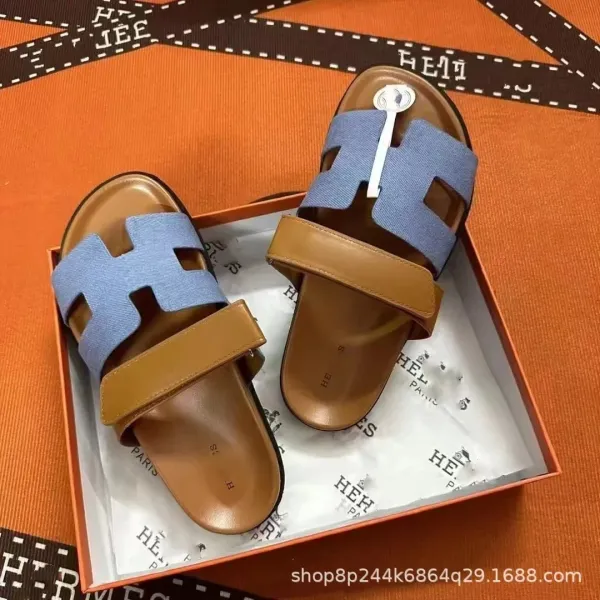 Hermès Oran Sandals Blue Denim and Tan Leather Slippers - 1