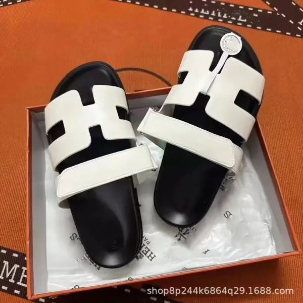 Hermès Oran Sandals Black and White Leather Slippers - 1