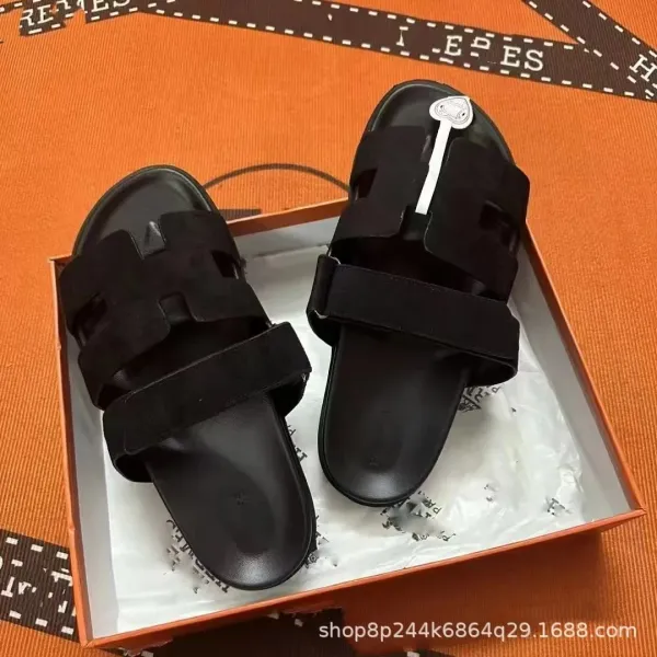 Hermès Oran Sandals Black Suede Slippers - 1