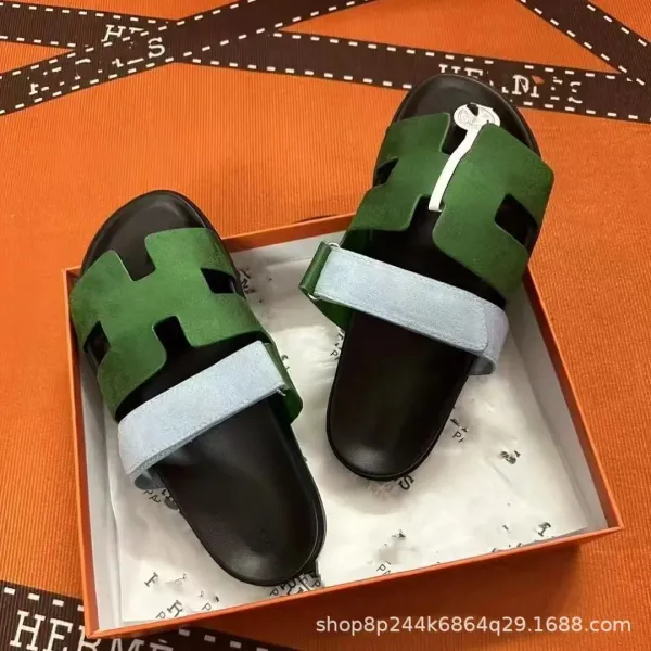 Hermès Oran Sandals Green and Ice Blue Suede Slippers - 1