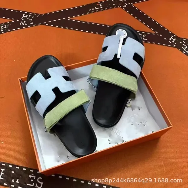 Hermès Oran Slide Sandals Army Green and Pink Suede Slippers - 6