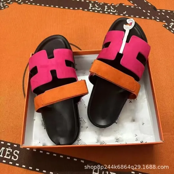 Hermès Oran Slide Sandals Pink and Orange Suede Slippers - 1