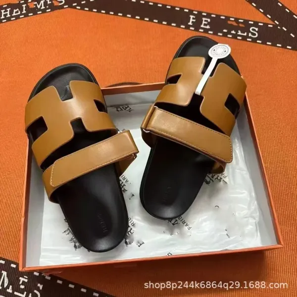 Hermès Oran Slide Sandals Tan and Black Slippers - 1