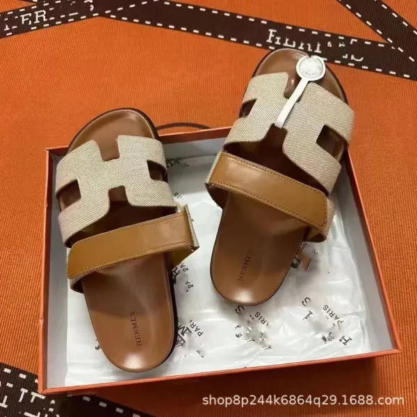 Hermès Oran Sandals Beige and Tan Leather Slide Sandals - 1