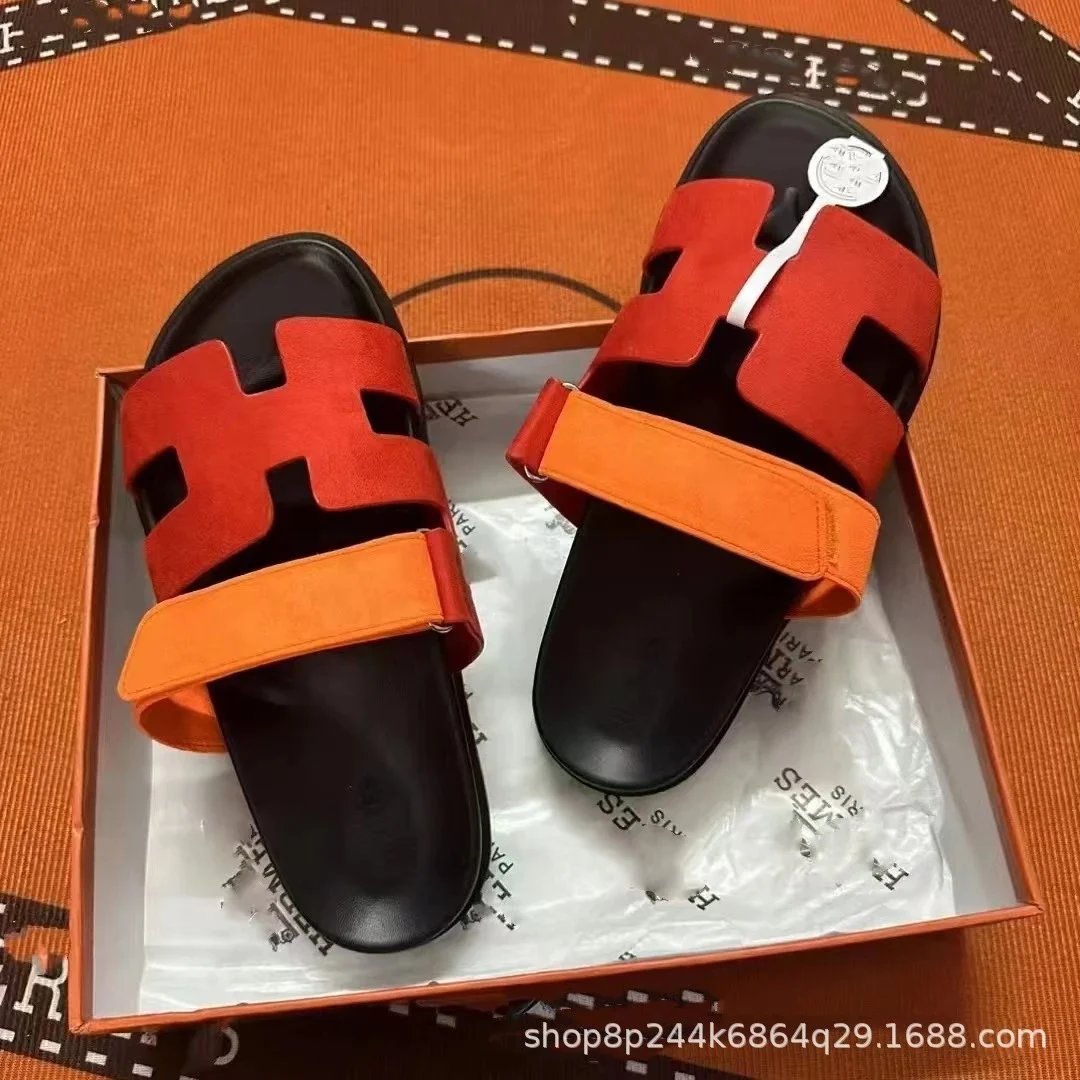 Hermès Oran Sandals Orange and Red Suede Slide Sandals - 1