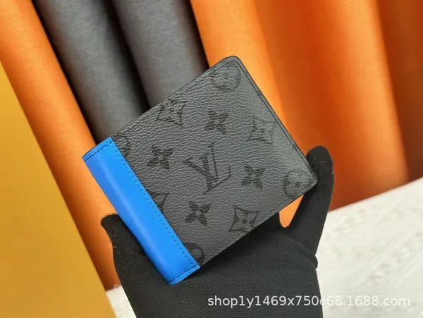 Louis Vuitton Monogram Eclipse Bifold Wallet Blue Trim Short Wallet - 1