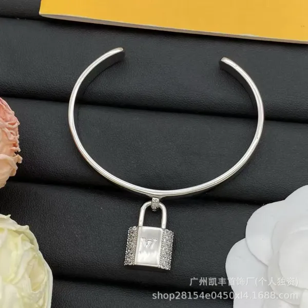Louis Vuitton Padlock Pendant Cuff Necklace Silver Jewelry - 1