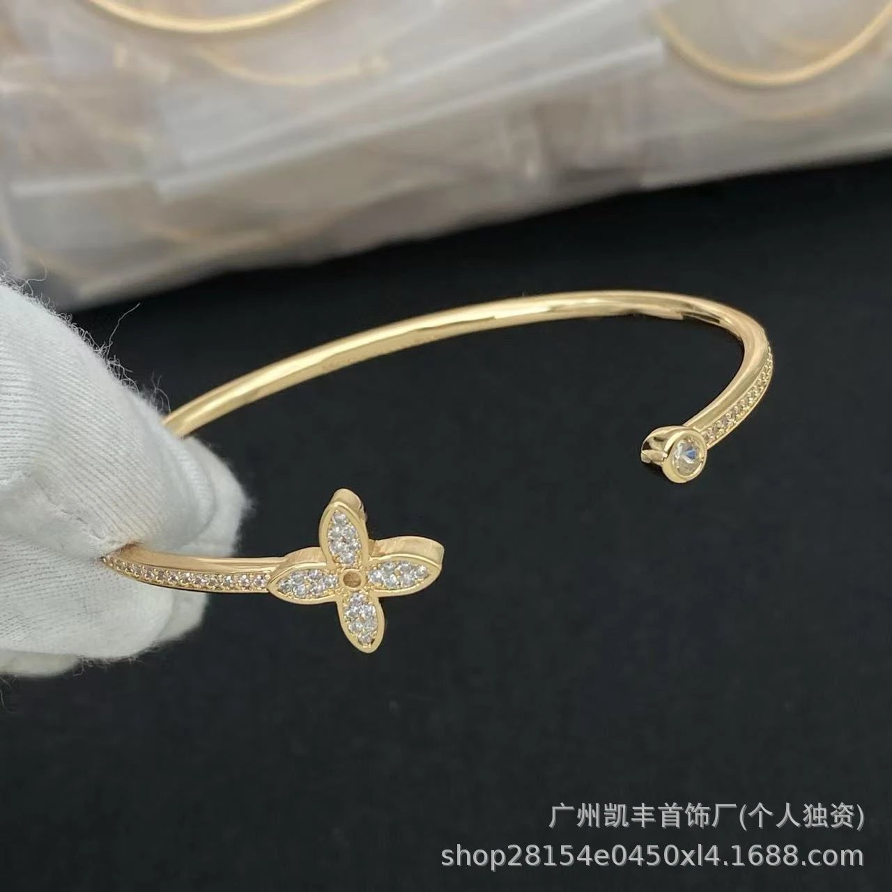 Design Flower Motif Gold-Tone Cuff Bracelet with Crystal Accent Jewelry - 14