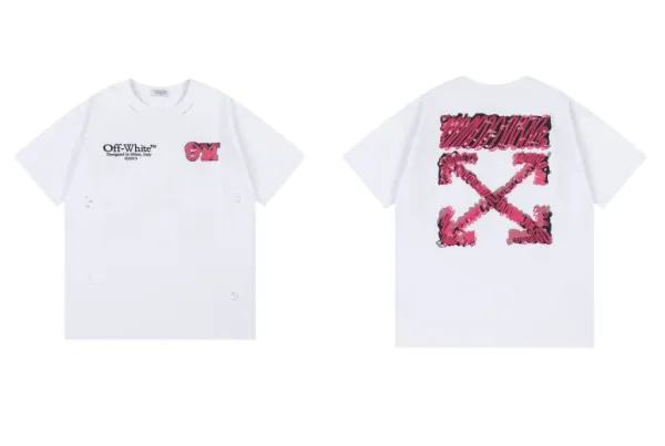 Off-White Diagonal Arrow Print Distressed White T-Shirt - 1