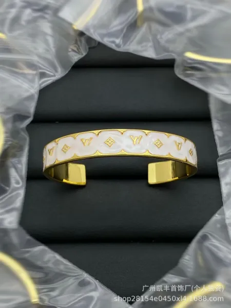 Louis Vuitton Monogram Enamel Cuff Bracelet Gold White Jewelry - 1