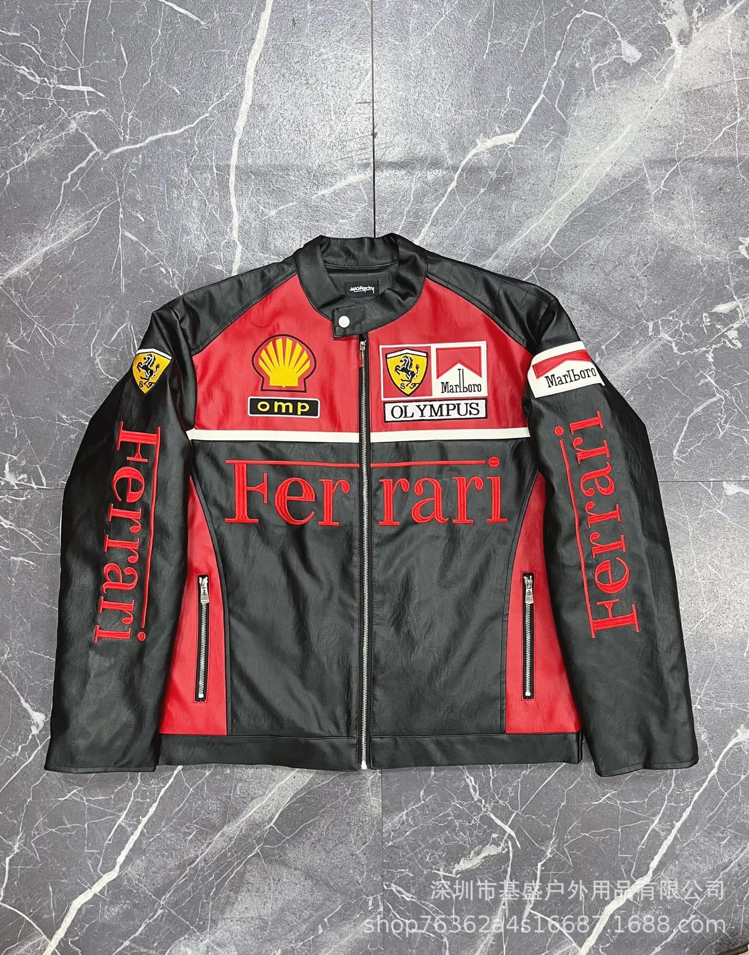 Big shell leather jacket (embroidered with cotton)