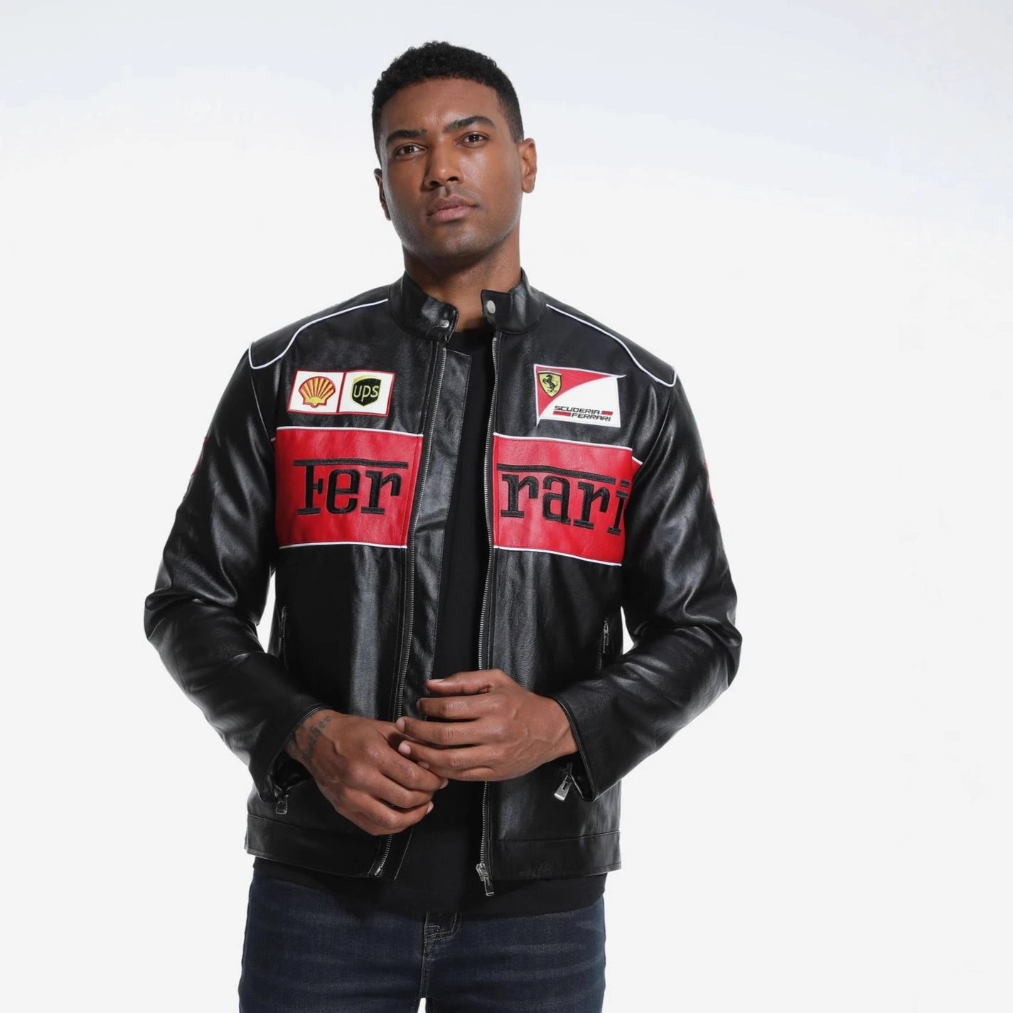 Black small shell leather jacket (embroidered with cotton)