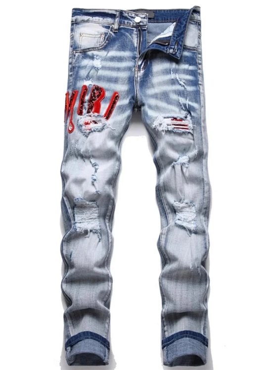 Distressed Embroidered Slim Fit Jeans -X