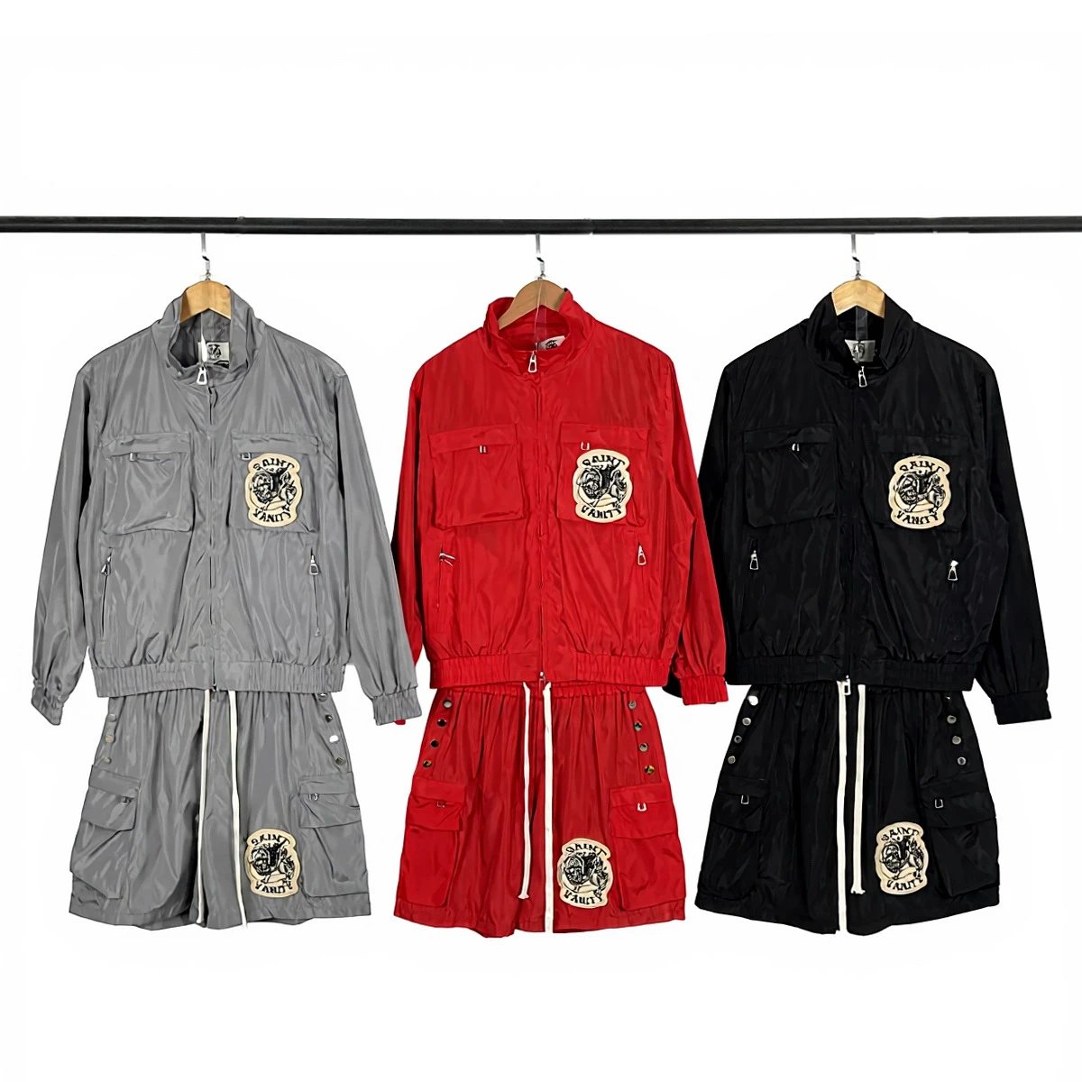 Cross border European and American trendy brand saint letter towel embroidered stand up collar jacket, men's and women's high street casual shorts set