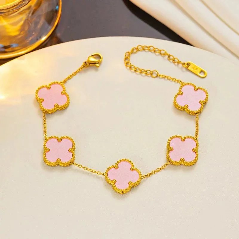 Design Four-Leaf Clover Pink Enamel Gold-Tone Bracelet Jewelry - 1