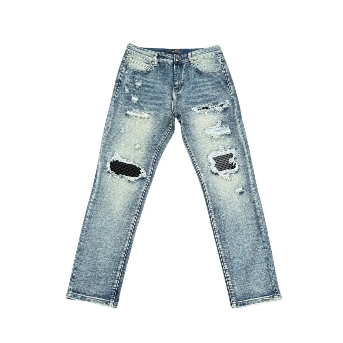 Amiri-Style Distressed, Ripped, and Paneled Biker Jeans