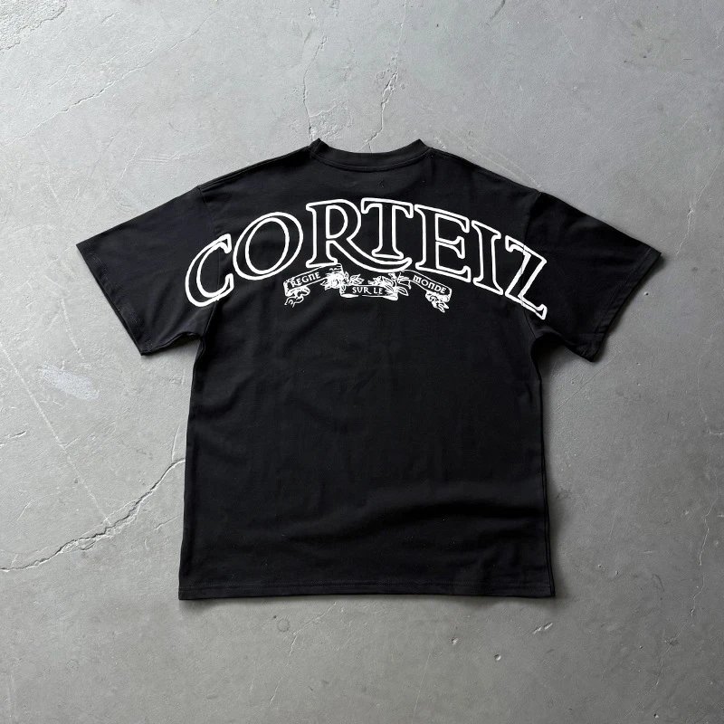 Corteiz Tee — White print black/high quality 300g colorway — USFans Spreadsheet photo