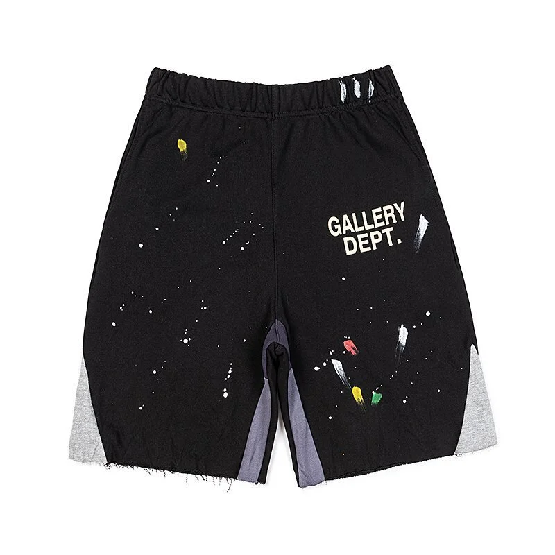 Gallery Dept. Black Hand-Splattered, Paneled, Raw-Hem Sweat Shorts