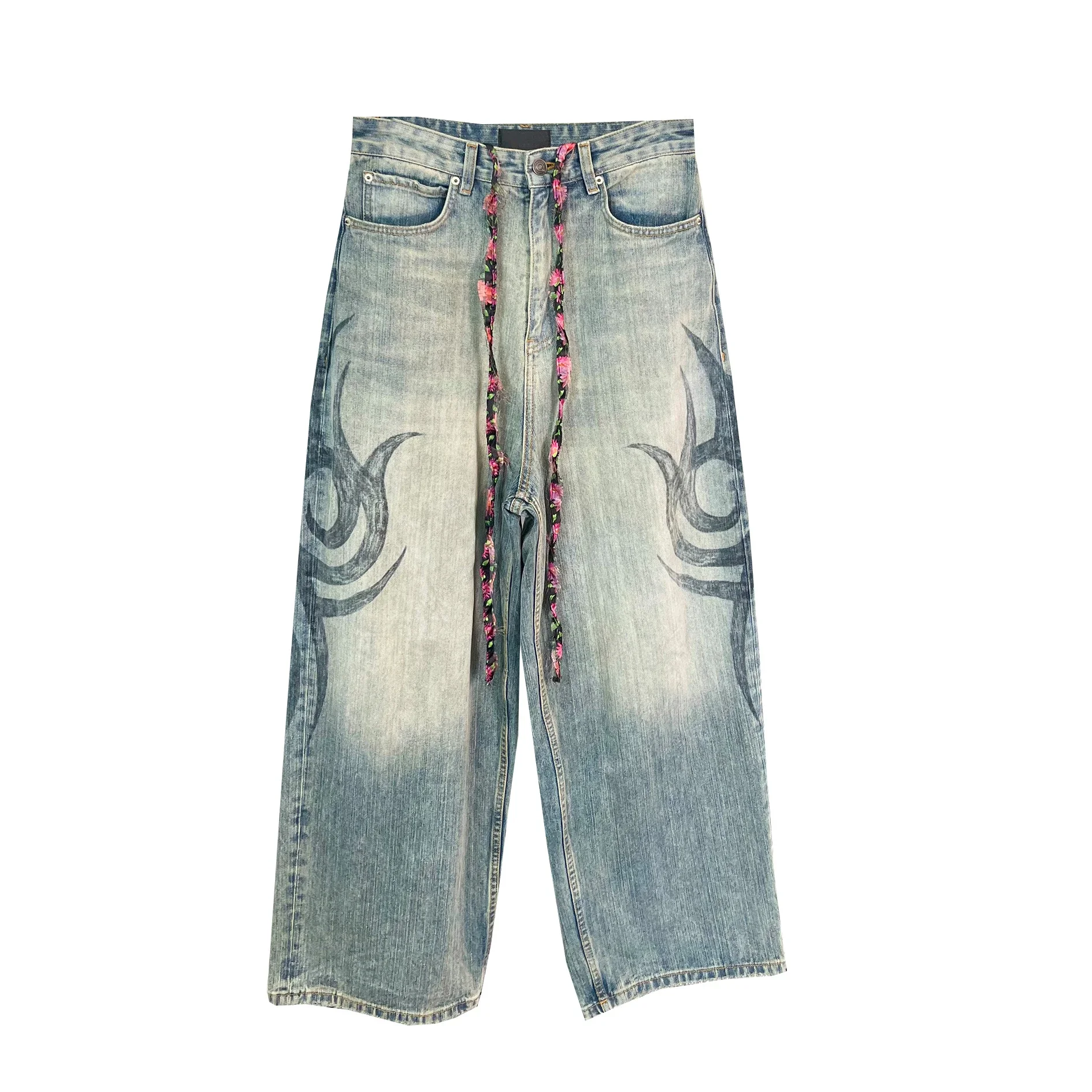 American Retro Y2K Style Distressed Flame-Print Wide-Leg Jeans