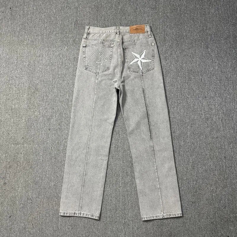 Grey Washed Five-Pointed Star Embroidered Straight Denim Pants - rep spodnie