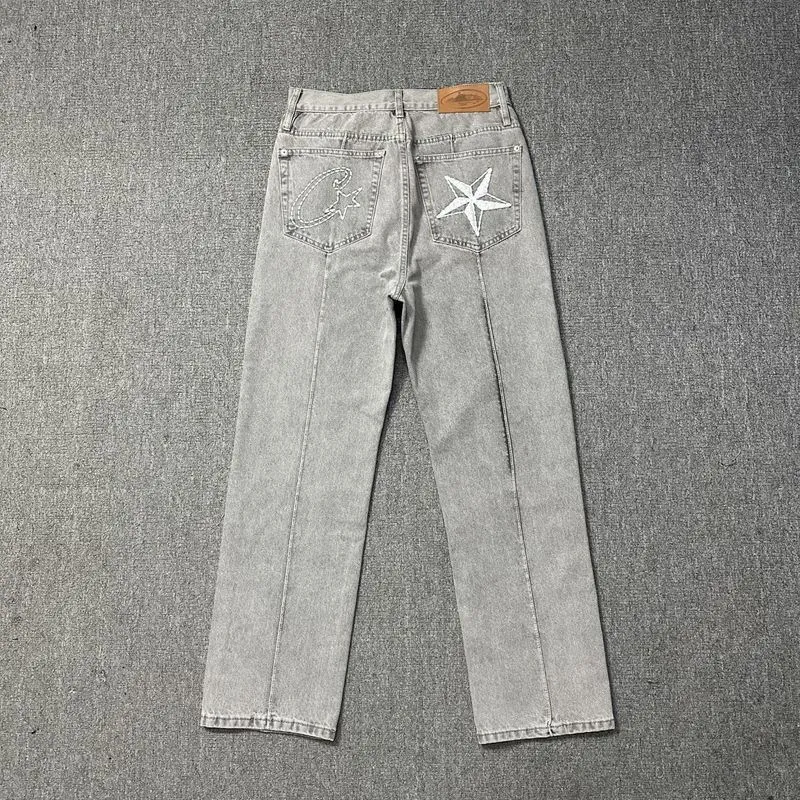 Grey Washed Five-Pointed Star Embroidered Straight Denim Pants