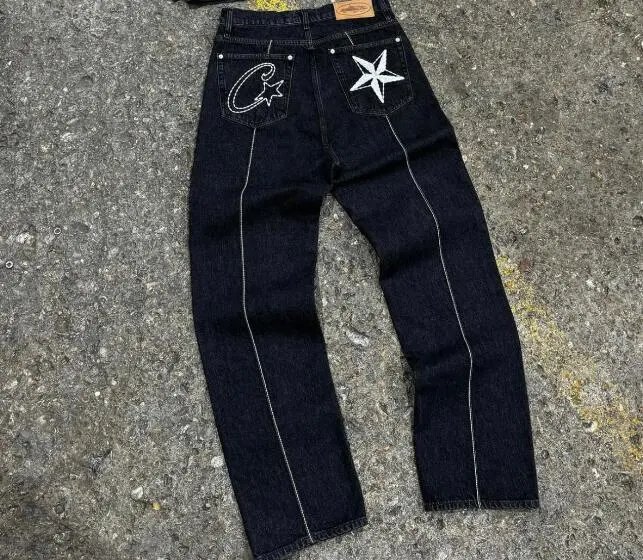 Star Embroidery Contrast Stitch Baggy Denim Pants - rep spodnie