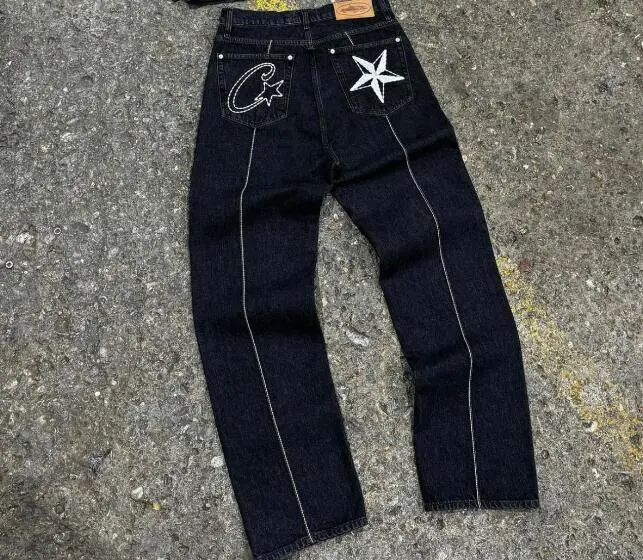 Star Embroidery Contrast Stitch Baggy Denim Pants