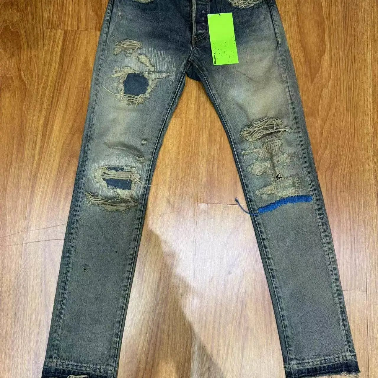 [Restock] Undercover 10SS Blue Stitch Embroidered Washed Distressed Destroyed Denim Jeans UC