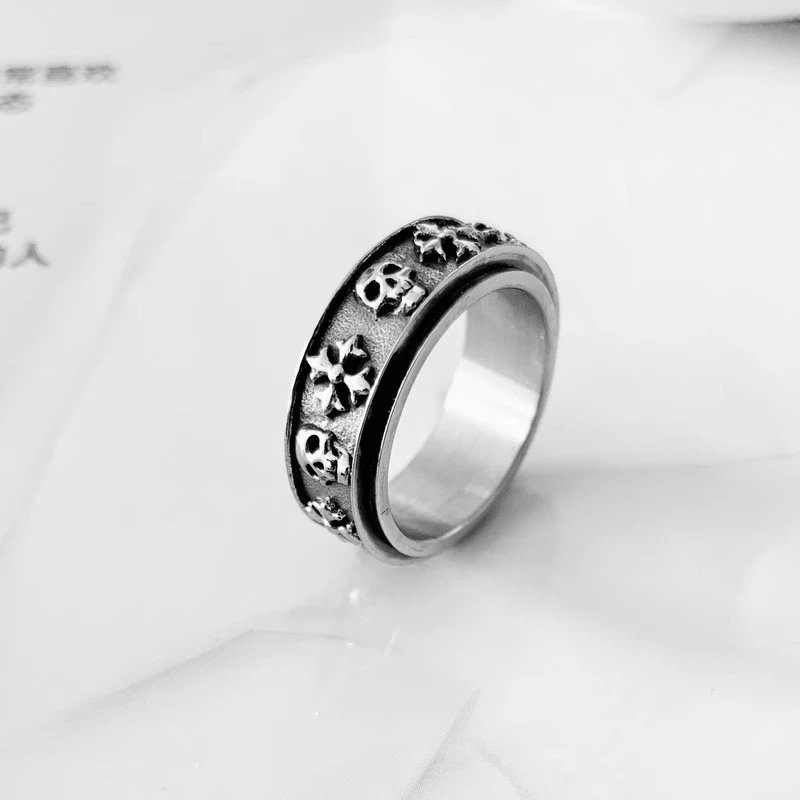 骷髅十字花旋转戒指