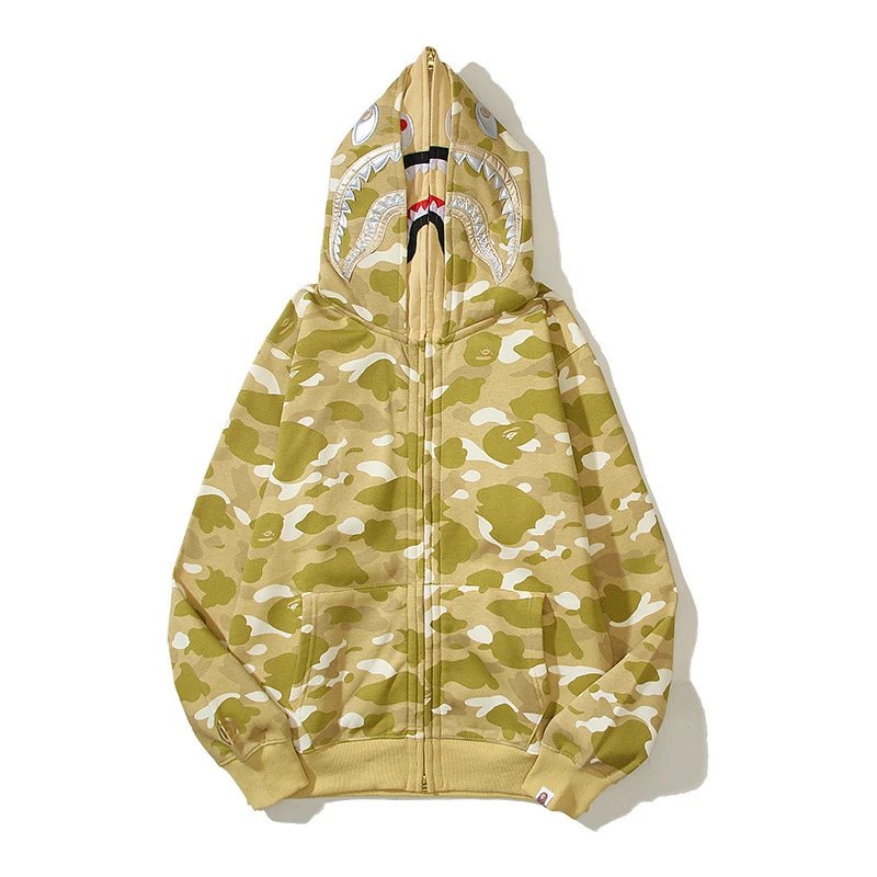 Camo Ape Embroidered Shark Mouth Zip-Up Hoodie Sweatshirt