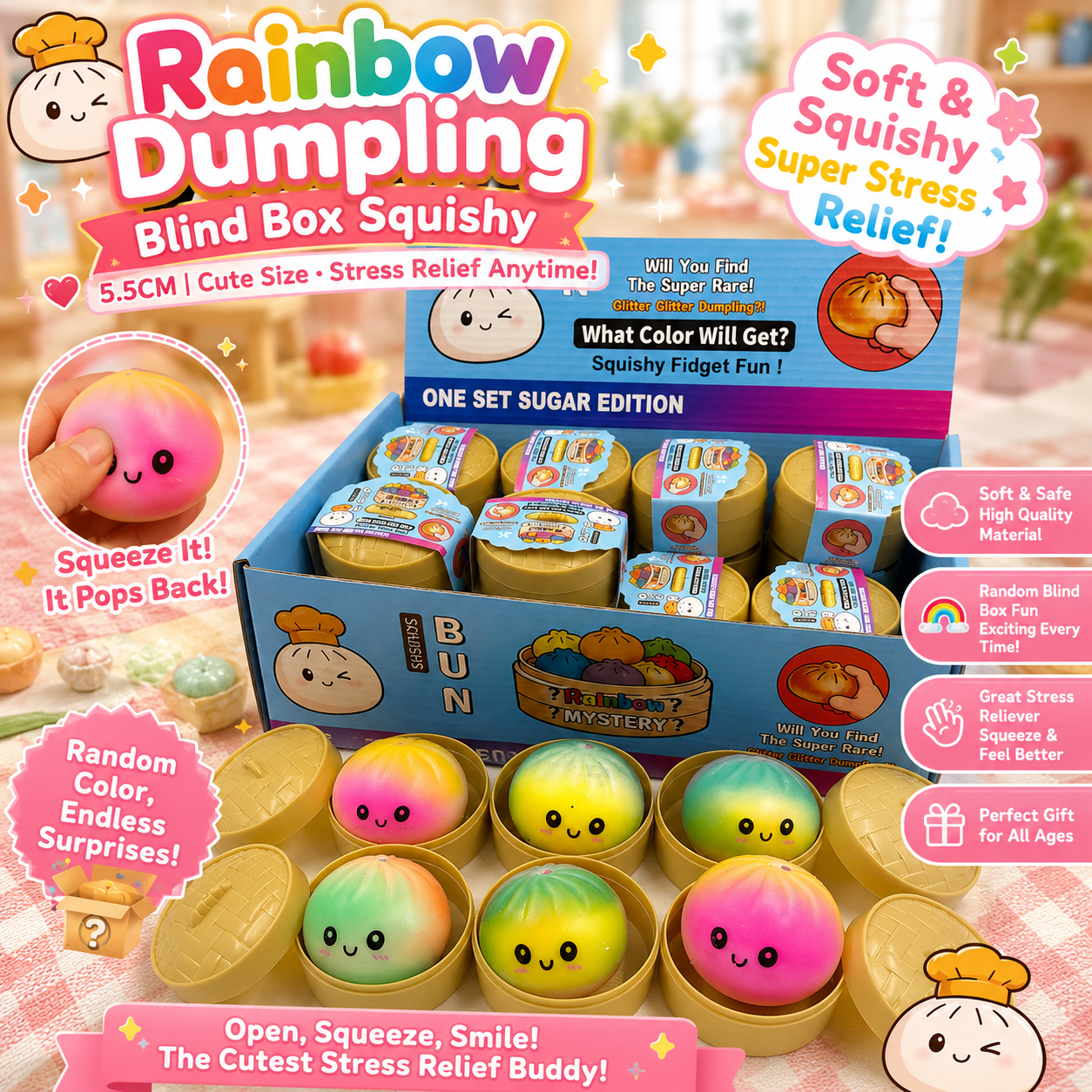 24 pieces - Blind Box Set 5.5cm Rainbow Flour Steamer Steamed Bun with Emoji [with Display Box]