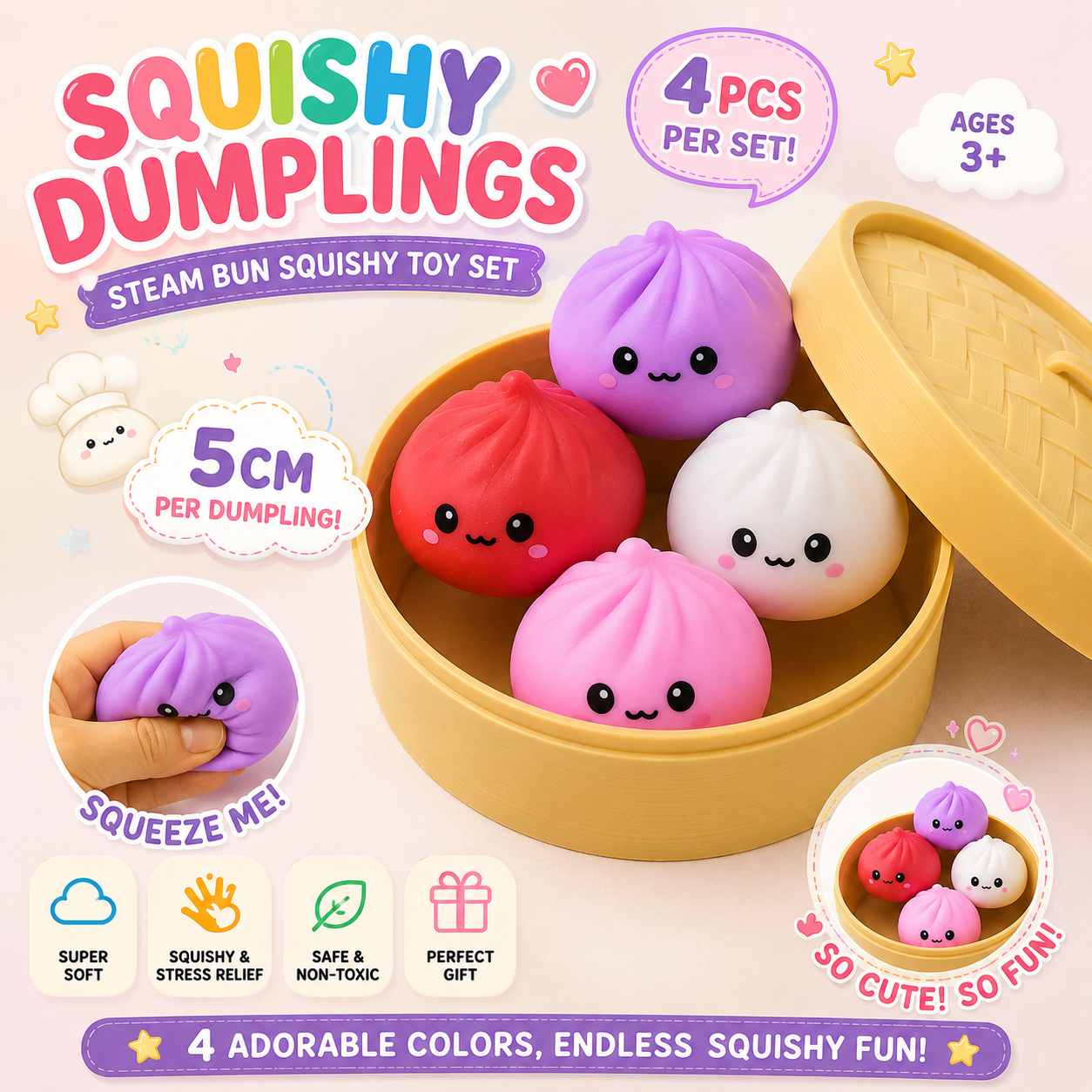 4 pieces - blind boxed 5cm flour expression buns [4 colors]