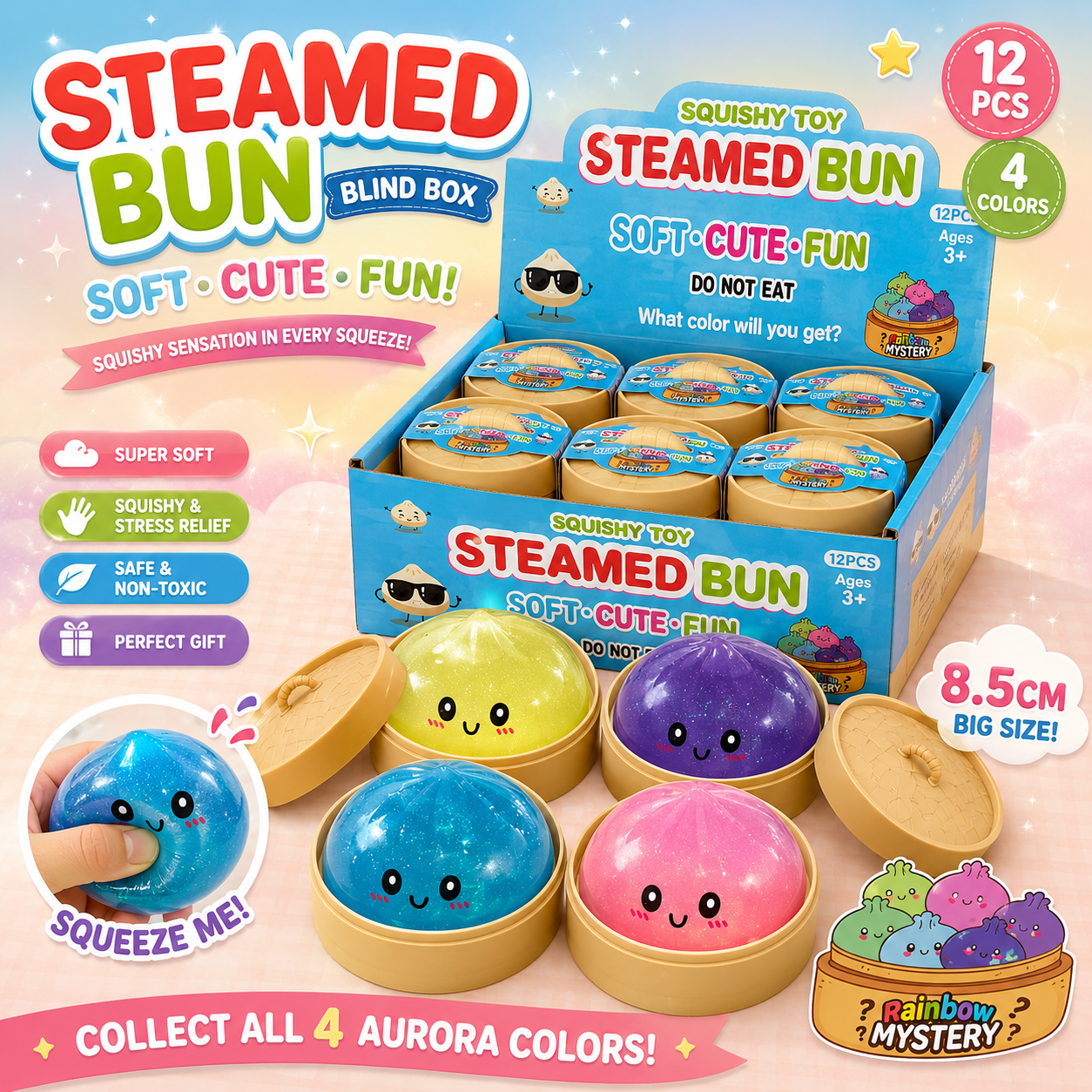 12 pieces - Blind Box 8.5cm Aurora Suspension Gel Emoji Big Bun [with Display Box]